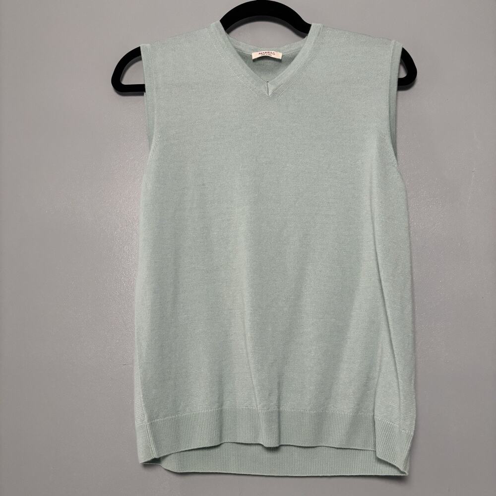 Marbas Women’s 100% Virgin Wool Green Sleeveless Sweater Top Shirt V-Neck Medium
